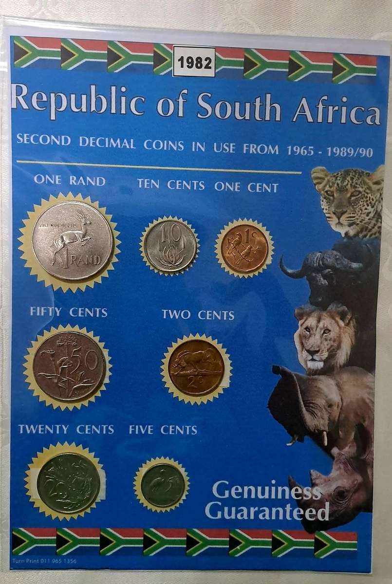 1982 Republic Of South Africa full set of 7 Coins on a Printed Sheet-Circulated Coins