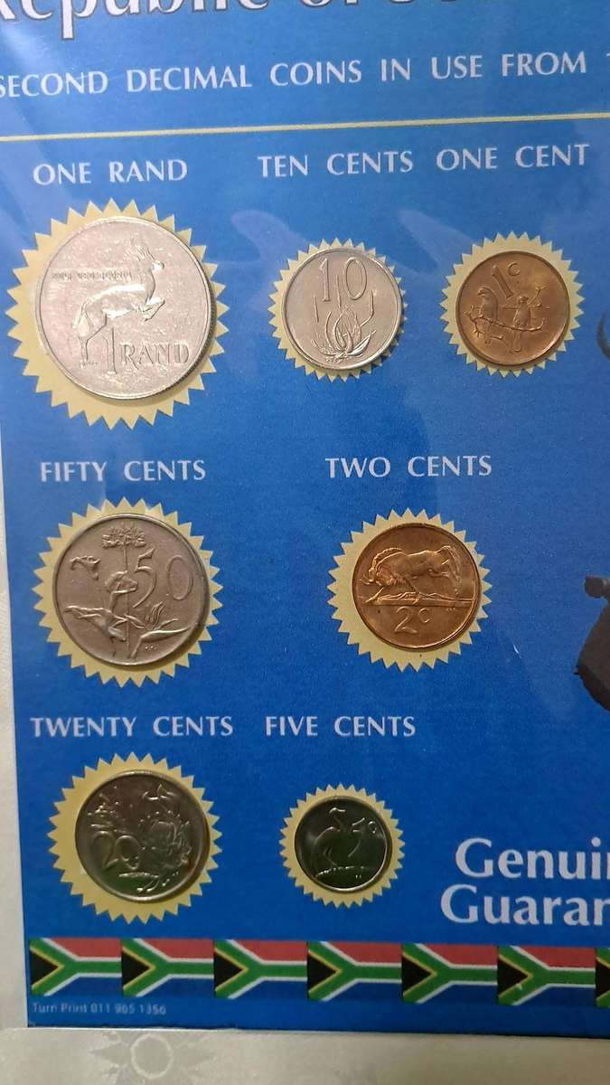 1988 Republic Of South Africa full set of 7 Coins on a Printed Sheet-Circulated Coins