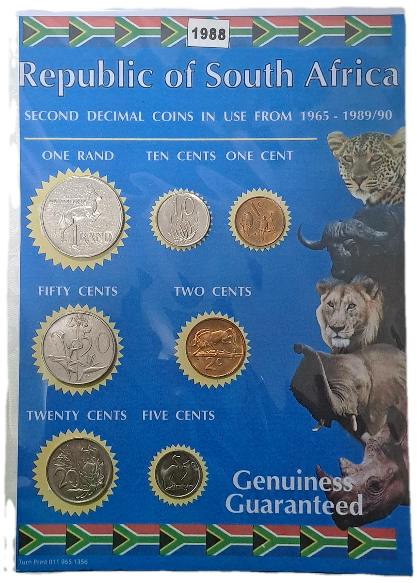 1988 Republic Of South Africa full set of 7 Coins on a Printed Sheet-Circulated Coins