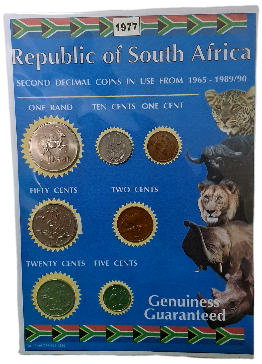 1977 Republic Of South Africa full set of 7 Coins on a Printed Sheet-Circulated Coins
