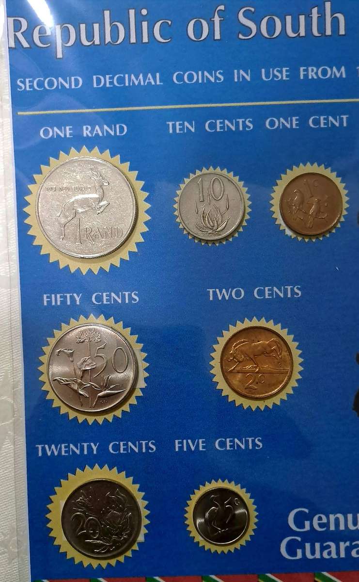 1986 Republic Of South Africa full set of 7 Coins on a Printed Sheet-Circulated Coins