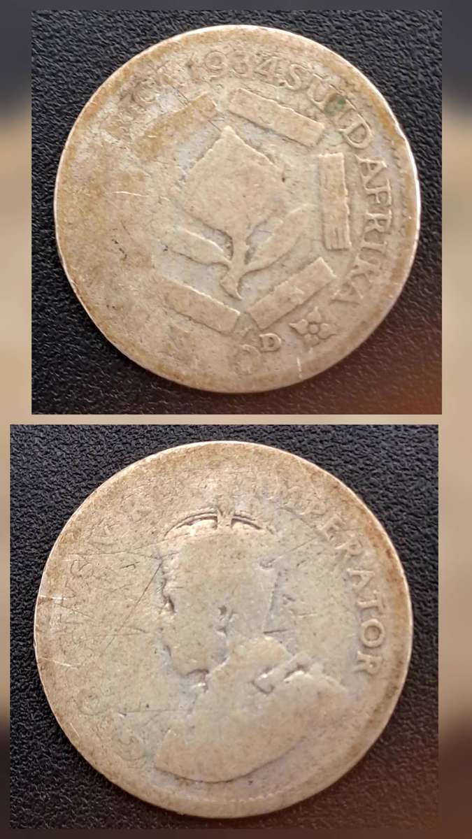 1934  South Africa (Silver .800) 6 Pence - George V SUID-AFRIKA 6D(poor condition)