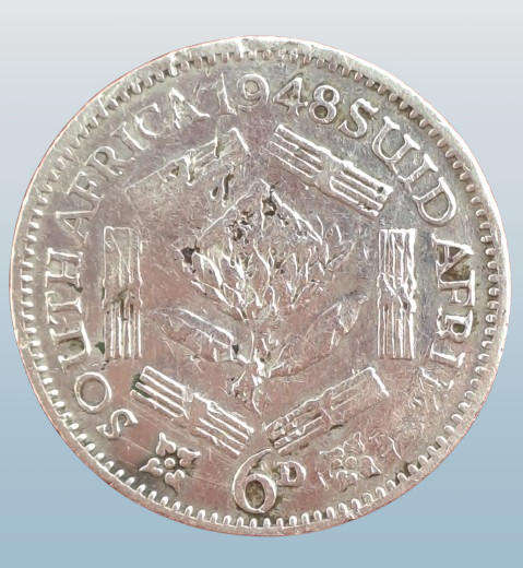 1948 South Africa  SILVER 6 Pence - George VIt -Circulated