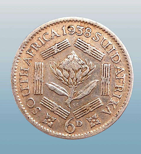 1938 South Africa 6 Pence 80% Silver - George VI Rex Imperator