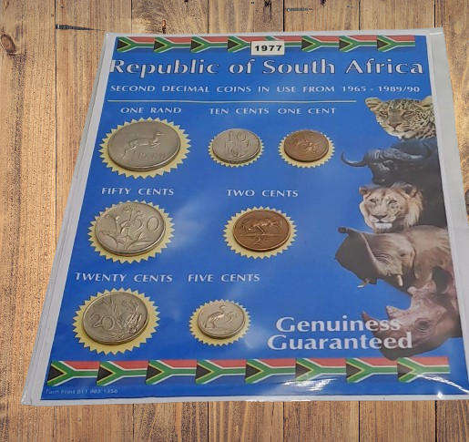1977 Republic Of South Africa full set of 7 Coins on a Printed Sheet-Circulated Coins