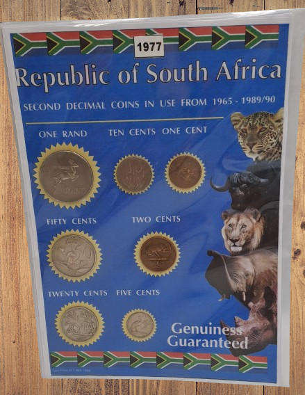 1977 Republic Of South Africa full set of 7 Coins on a Printed Sheet-Circulated Coins
