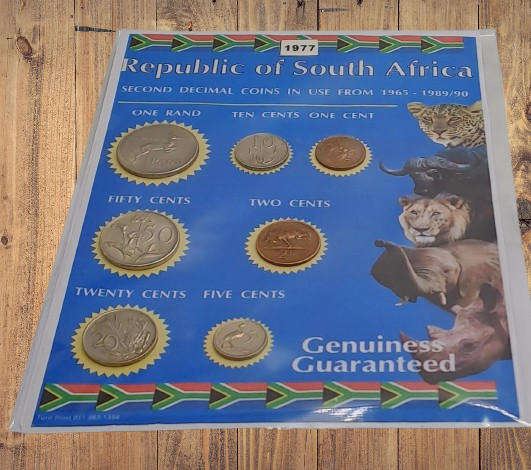 1977 Republic Of South Africa full set of 7 Coins on a Printed Sheet-Circulated Coins