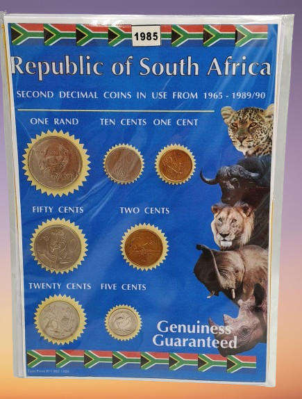 1985 Republic Of South Africa full set of 7 Coins on a Printed Sheet-Circulated Coins