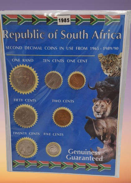 1985 Republic Of South Africa full set of 7 Coins on a Printed Sheet-Circulated Coins