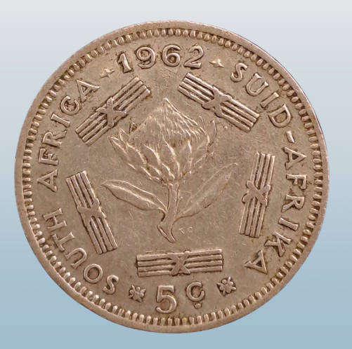 1962 South Africa  Silver (.500) 5 Cents 1st decimal series