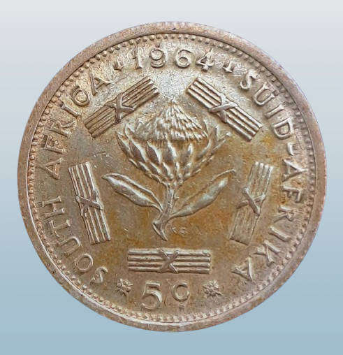 1964 South Africa  Silver (.500) 5 Cents 1st decimal series