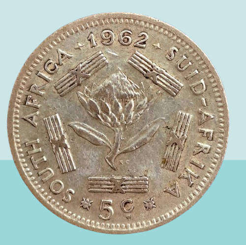 1962 South Africa  Silver (.500) 5 Cents 1st decimal series