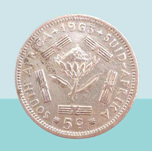 1963 South Africa  Silver (.500) 5 Cents 1st decimal series