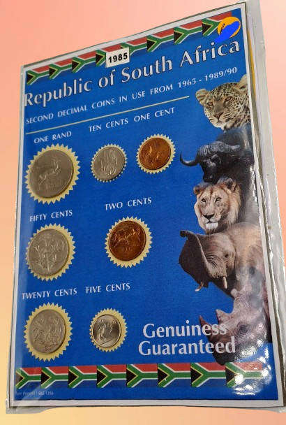 1985 Republic Of South Africa full set of 7 Coins on a Printed Sheet-Circulated Coins