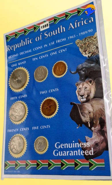 1988 Republic Of South Africa full set of 7 Coins on a Printed Sheet-Circulated Coins