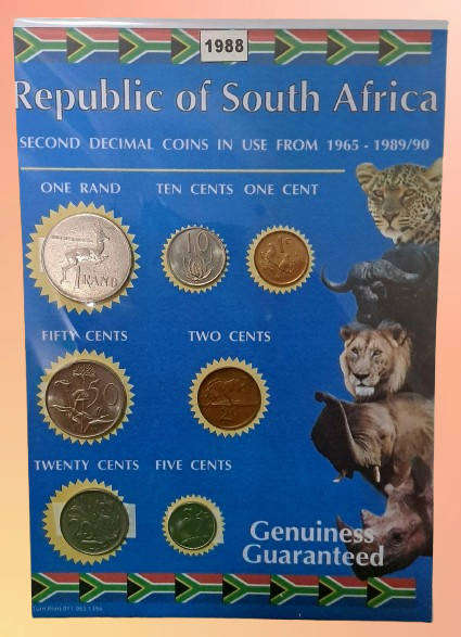 1988 Republic Of South Africa full set of 7 Coins on a Printed Sheet-Circulated Coins