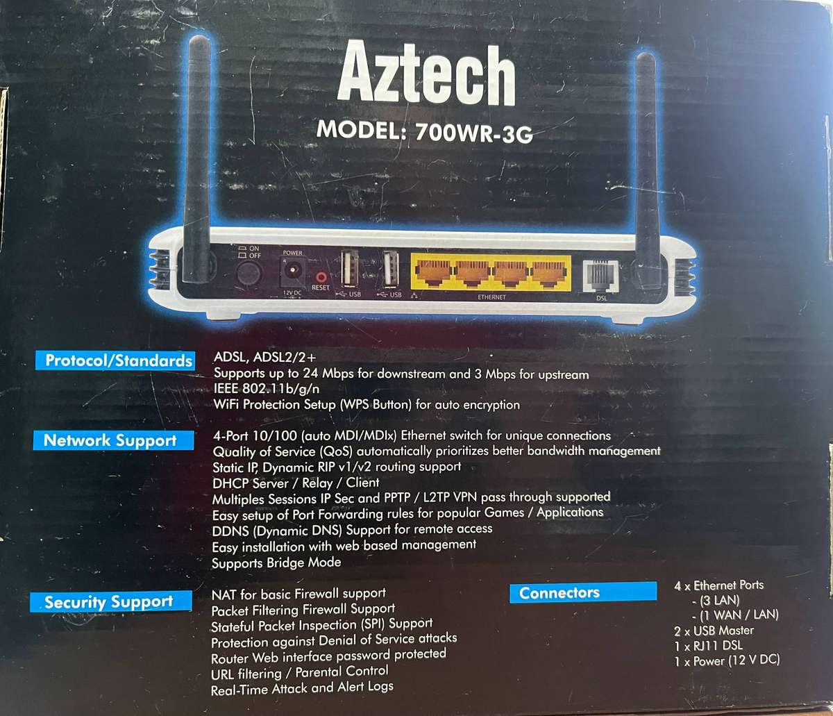 Aztech HW550-3G (700WR-3G) ADSL2+ Wireless N 4-Port Router - Excellent Condition