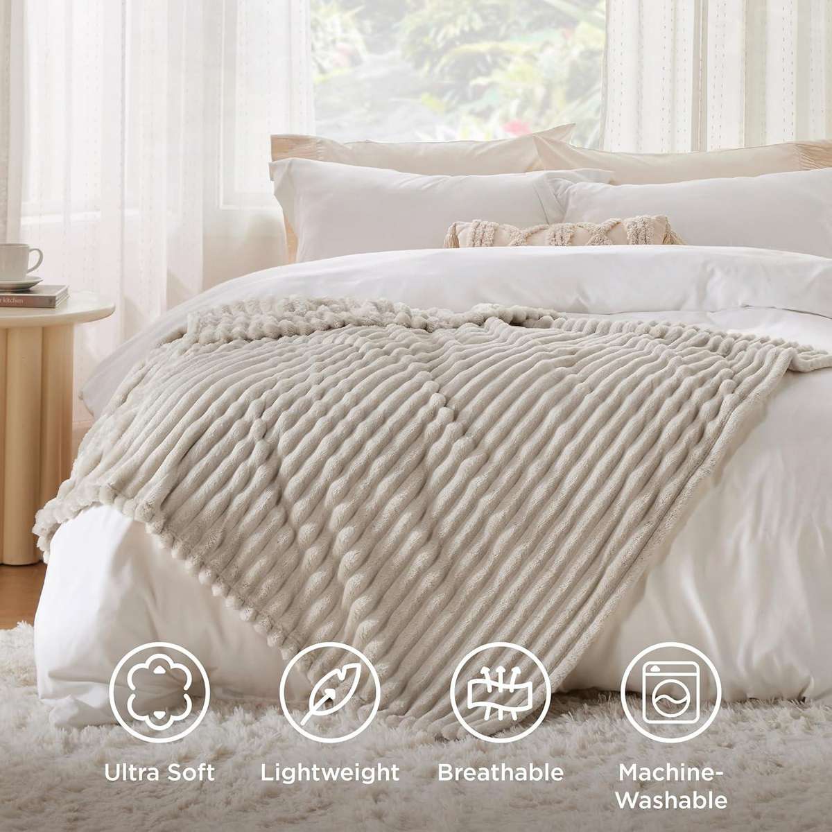 Fluffy Ribbed Fleece Throw Blanket, 180cm x 150cm, different colors