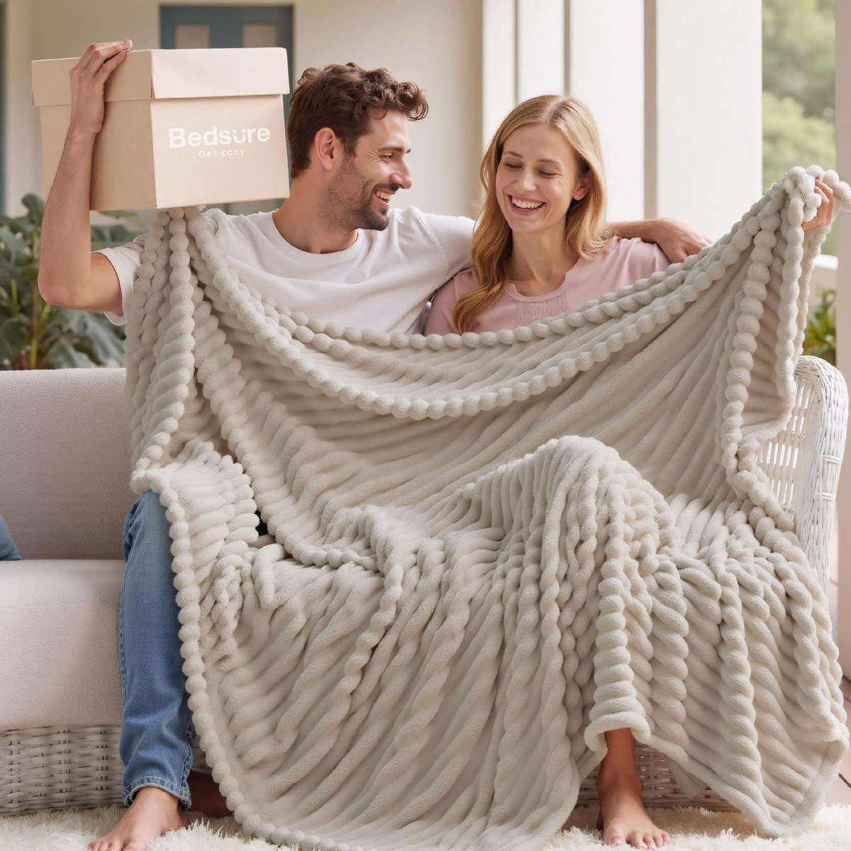 Fluffy Ribbed Fleece Throw Blanket, 180cm x 150cm, different colors