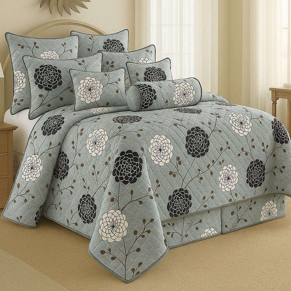 9 Piece Exclusive Floral Quilted Bedspread, Queen Size