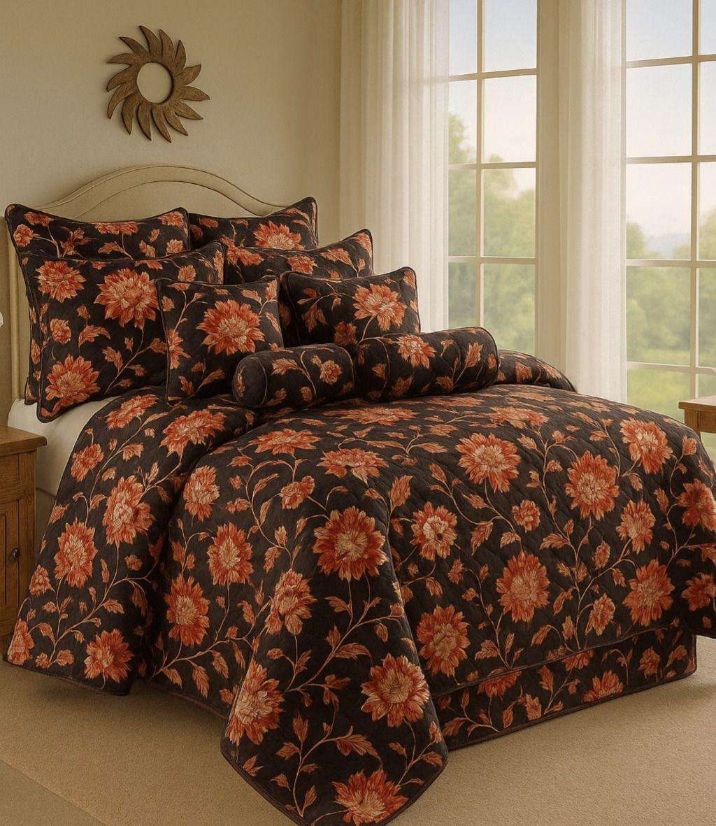 9 Piece Exclusive Floral Quilted Bedspread, Queen Size