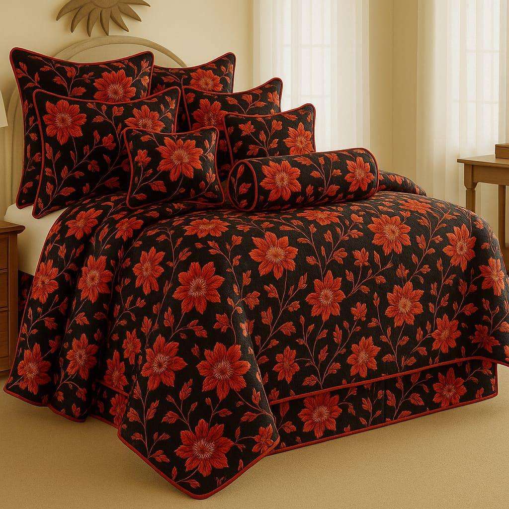 9 Piece Exclusive Floral Quilted Bedspread, Queen Size