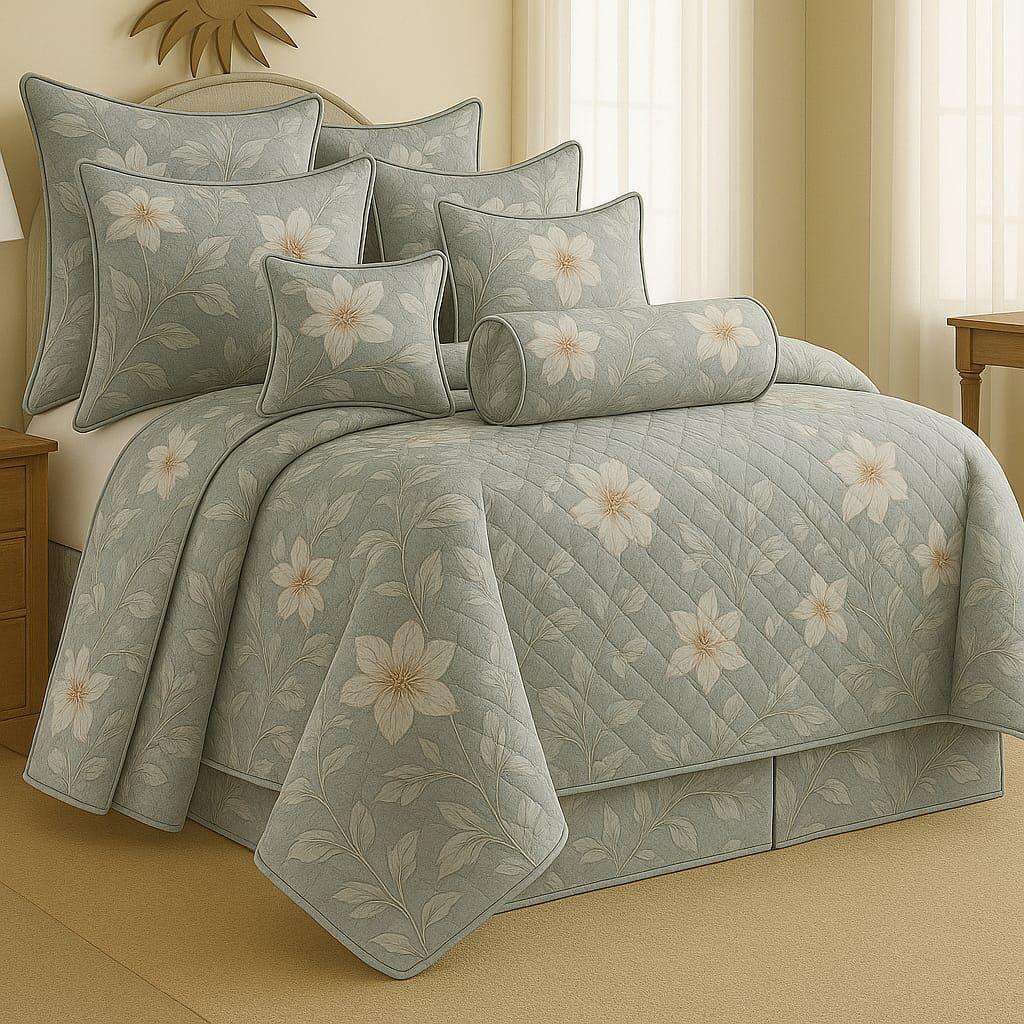 9 Piece Exclusive Floral Quilted Bedspread, Queen Size