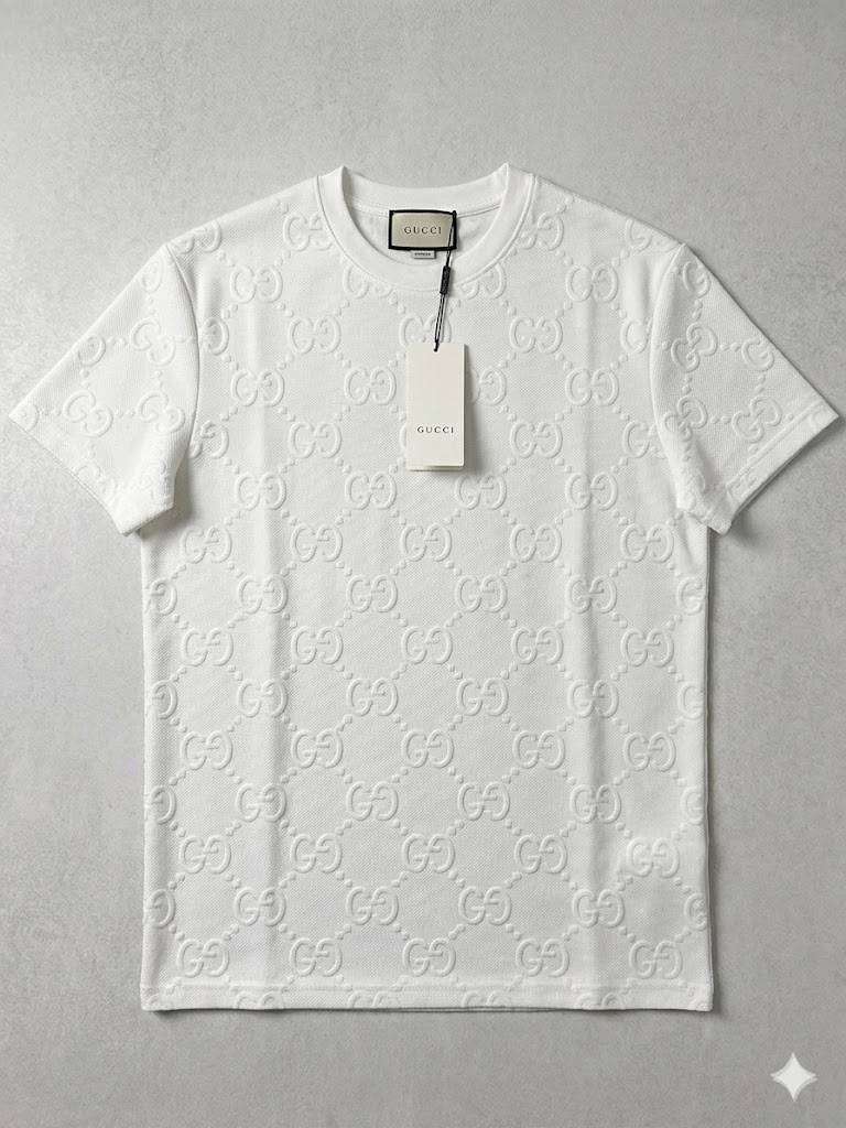Men's Designer Crewneck T-Shirt - White - All-Over Embossed Logo - Size L