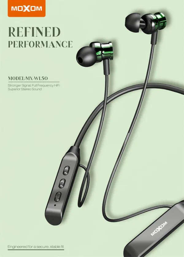 Moxom Magnetic Neckband Wireless Headset MX-WL50 - BT 5.0, Deep Bass, 200mAh