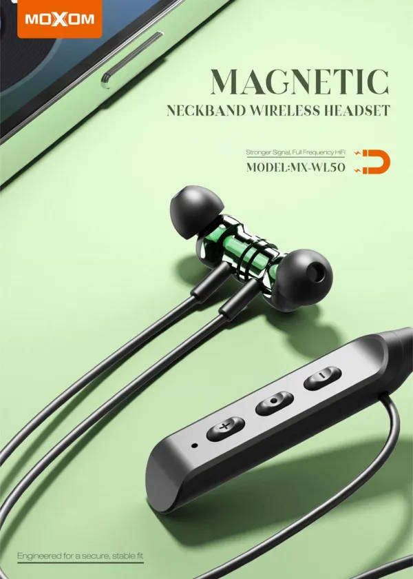 Moxom Magnetic Neckband Wireless Headset MX-WL50 - BT 5.0, Deep Bass, 200mAh
