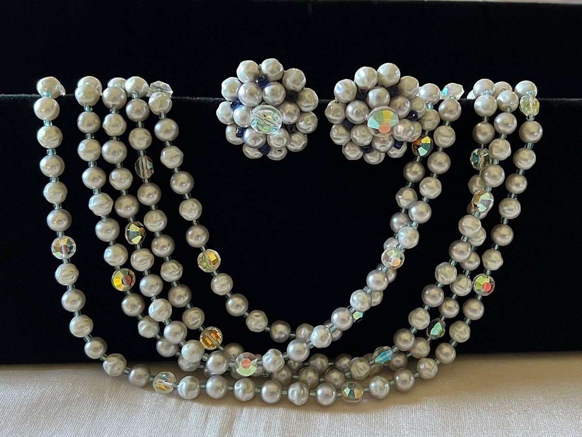 1950s Vintage 5-String Layered Faux Pearls & Aurora Borealis Beads Necklace & Clip Earrings
