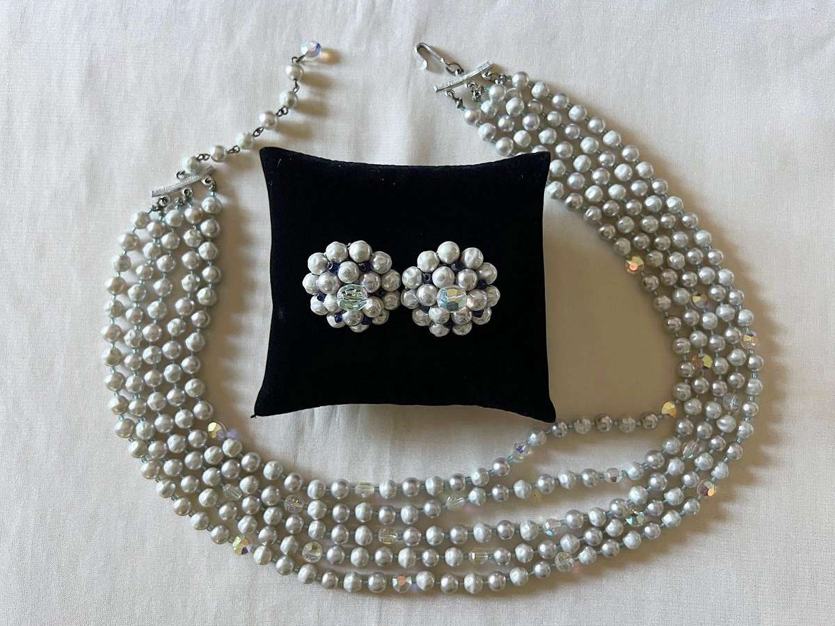 1950s Vintage 5-String Layered Faux Pearls & Aurora Borealis Beads Necklace & Clip Earrings