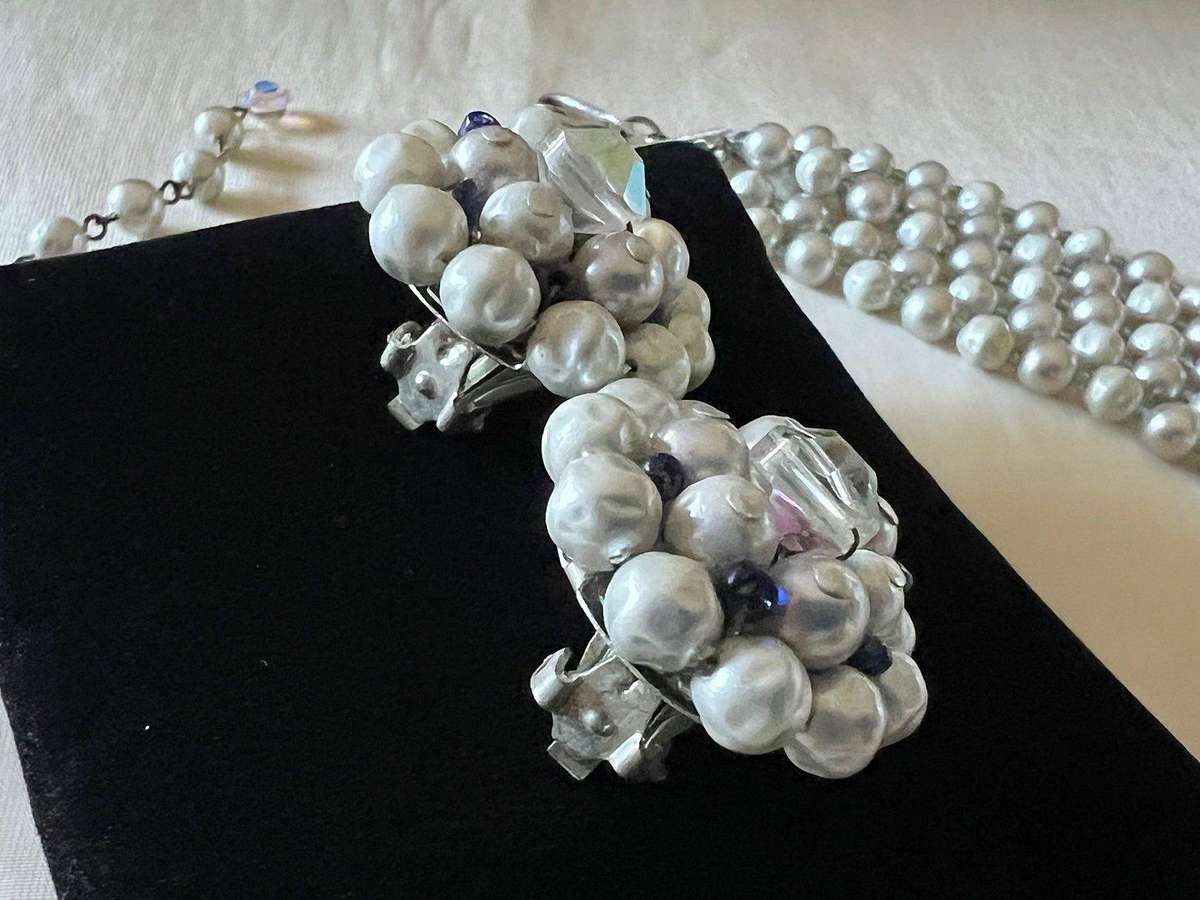 1950s Vintage 5-String Layered Faux Pearls & Aurora Borealis Beads Necklace & Clip Earrings
