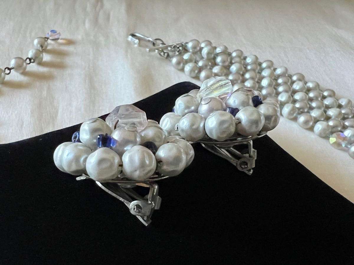 1950s Vintage 5-String Layered Faux Pearls & Aurora Borealis Beads Necklace & Clip Earrings