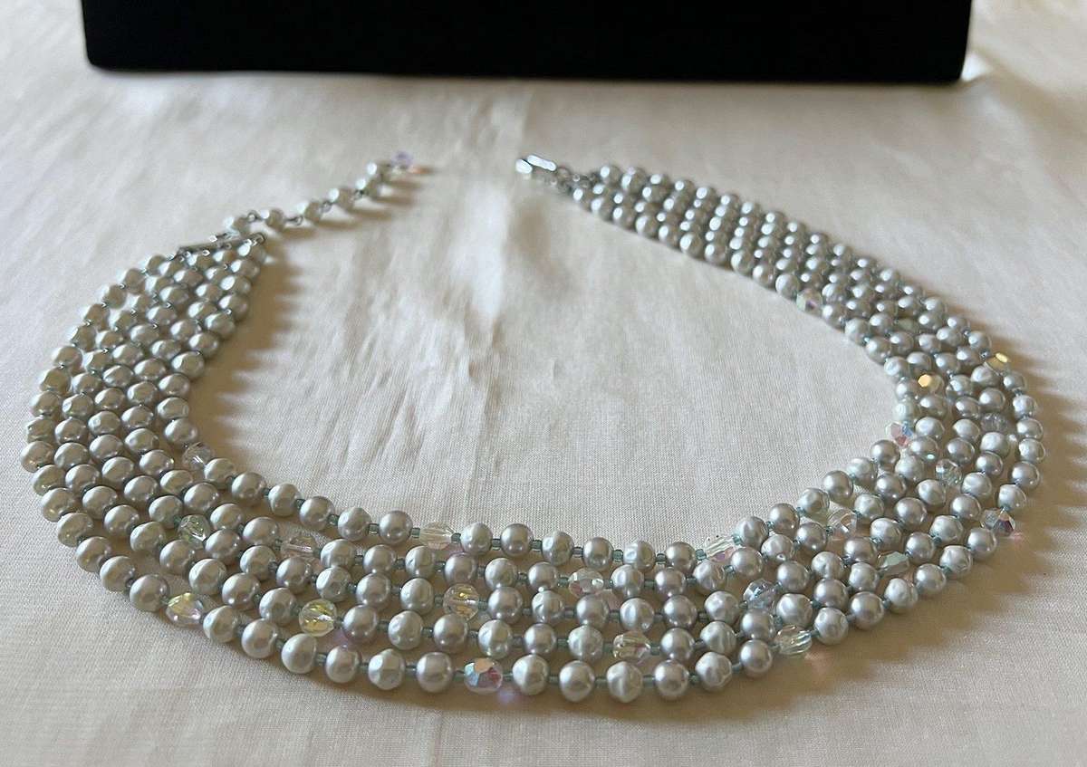 1950s Vintage 5-String Layered Faux Pearls & Aurora Borealis Beads Necklace & Clip Earrings