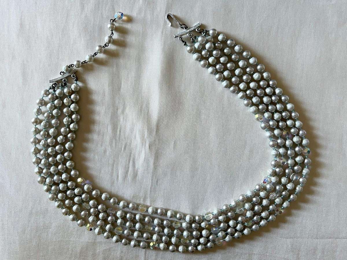 1950s Vintage 5-String Layered Faux Pearls & Aurora Borealis Beads Necklace & Clip Earrings