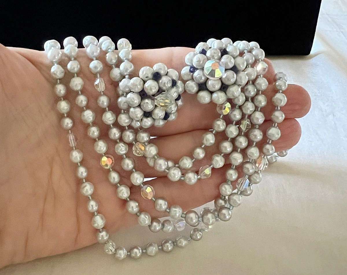 1950s Vintage 5-String Layered Faux Pearls & Aurora Borealis Beads Necklace & Clip Earrings