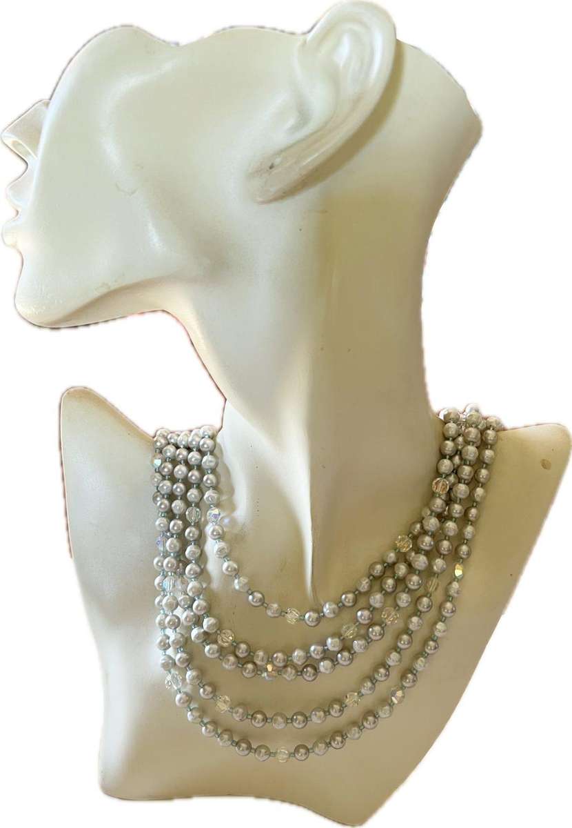 1950s Vintage 5-String Layered Faux Pearls & Aurora Borealis Beads Necklace & Clip Earrings