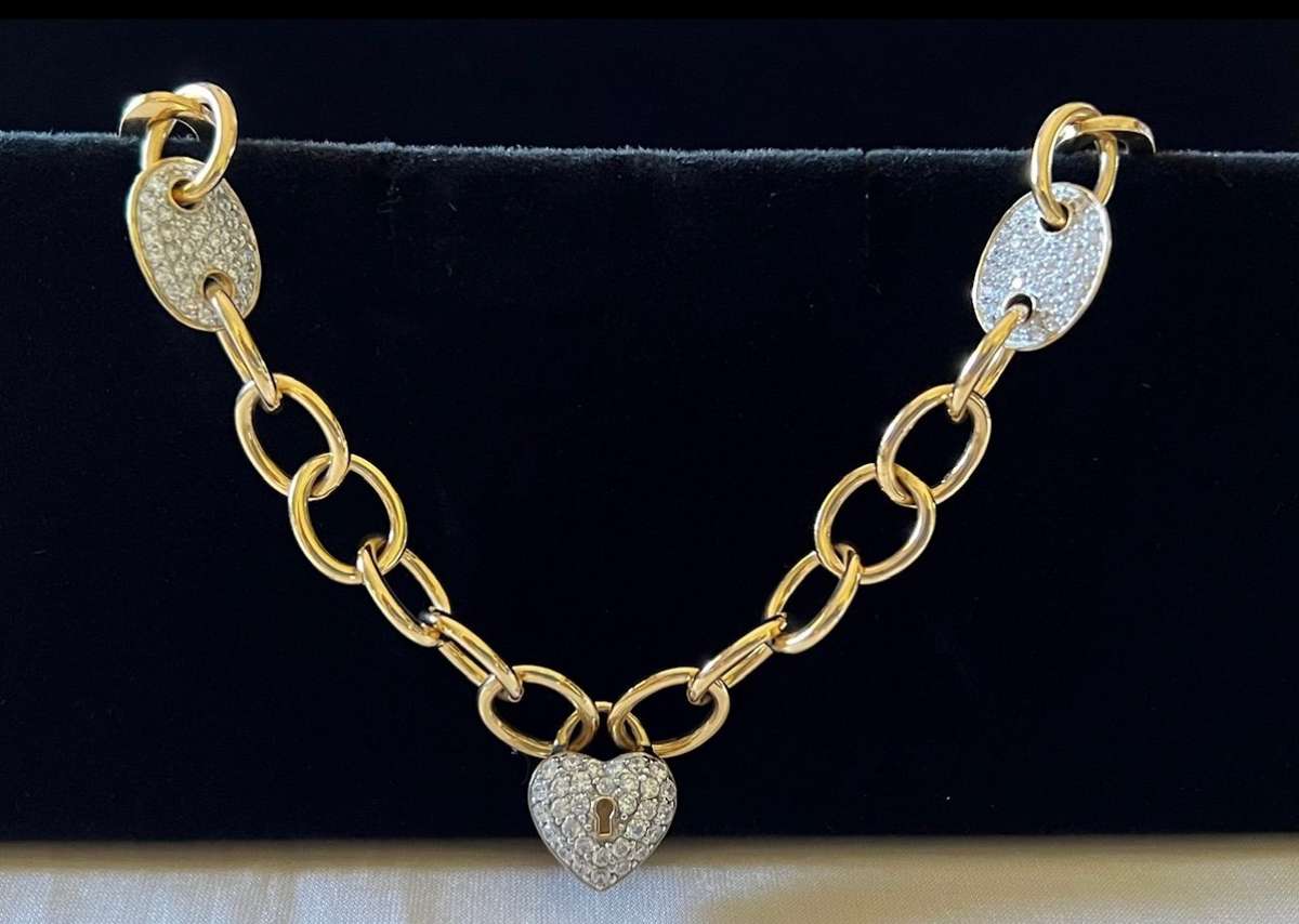 Exquisite Gold-plated Sterling Silver Crystal Rhinestones HEART LOCK Necklace by ILE * 53 grams