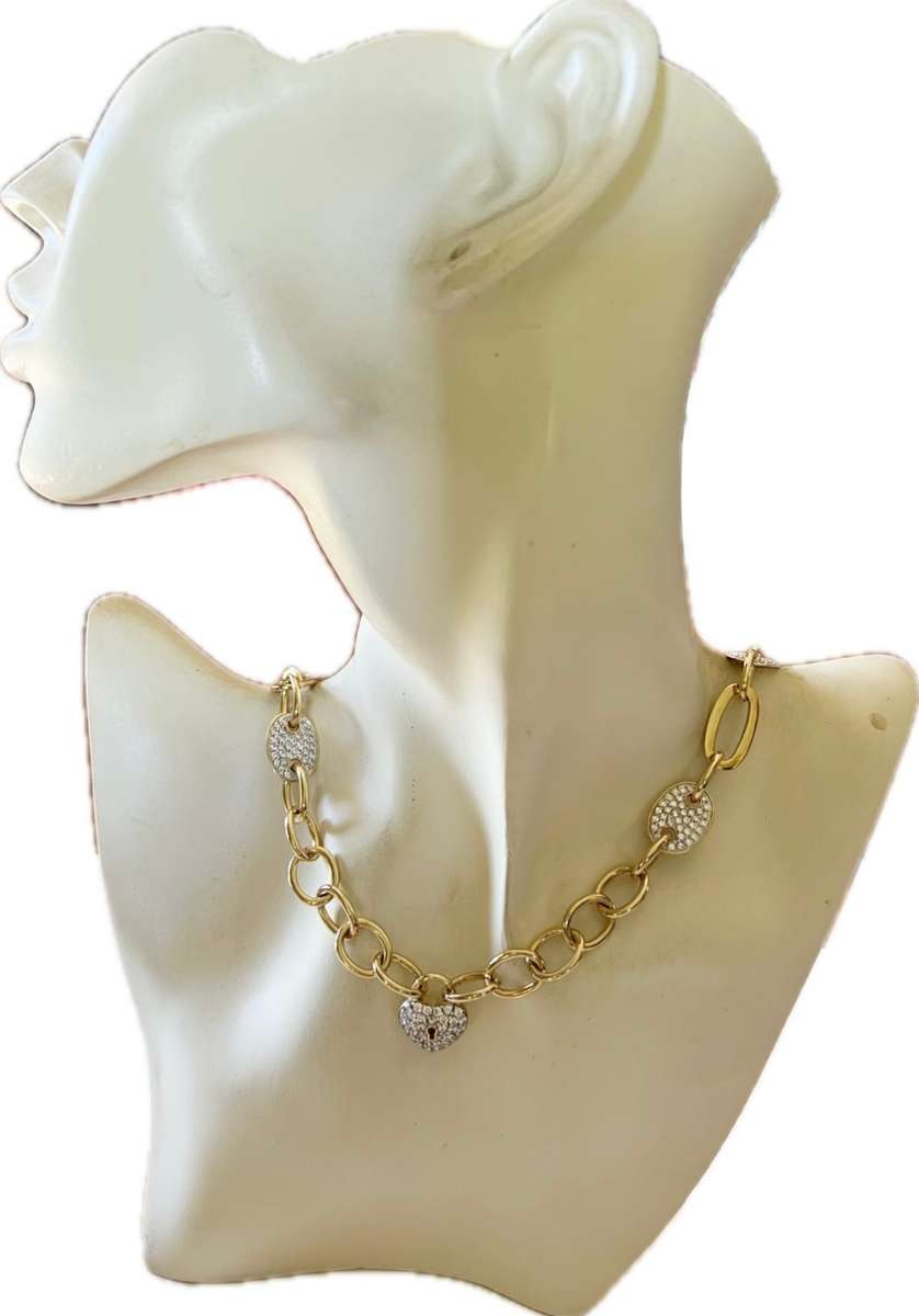 Exquisite Gold-plated Sterling Silver Crystal Rhinestones HEART LOCK Necklace by ILE * 53 grams