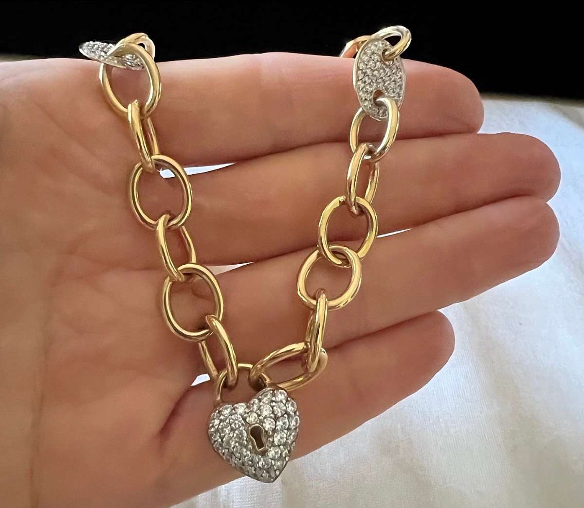 Exquisite Gold-plated Sterling Silver Crystal Rhinestones HEART LOCK Necklace by ILE * 53 grams