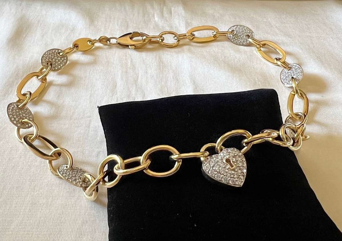 Exquisite Gold-plated Sterling Silver Crystal Rhinestones HEART LOCK Necklace by ILE * 53 grams