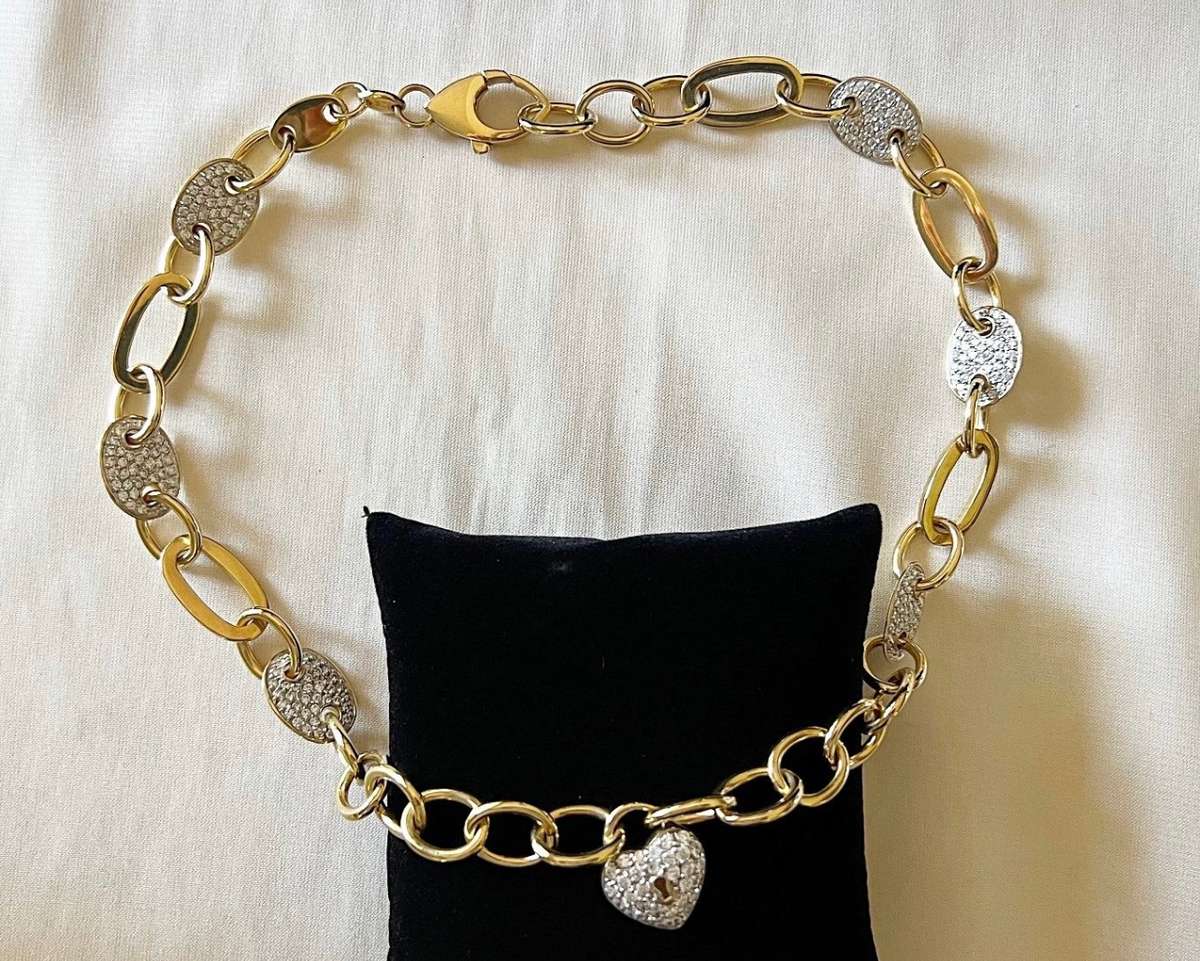 Exquisite Gold-plated Sterling Silver Crystal Rhinestones HEART LOCK Necklace by ILE * 53 grams