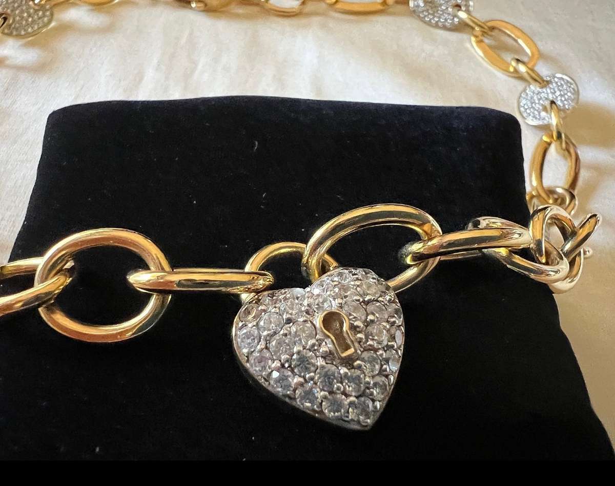 Exquisite Gold-plated Sterling Silver Crystal Rhinestones HEART LOCK Necklace by ILE * 53 grams