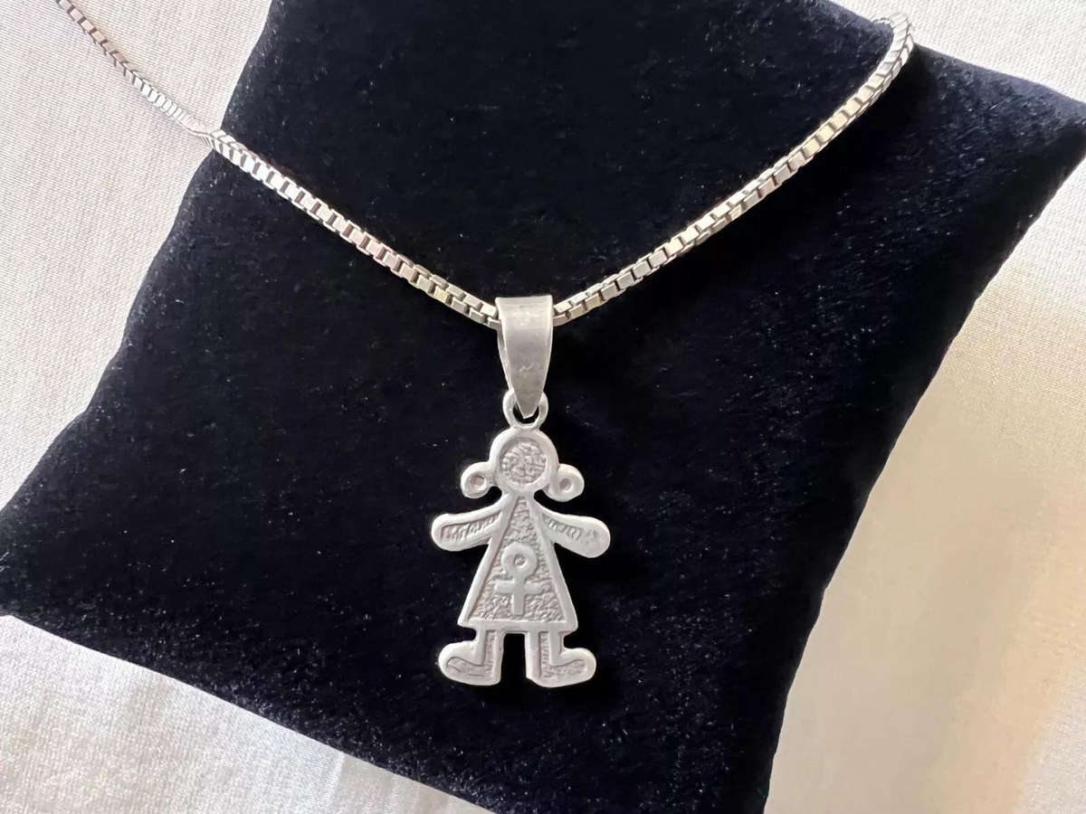 Vintage Sterling Silver Box Chain Choker Length Necklace w/ GIRL Female Symbol Pendant