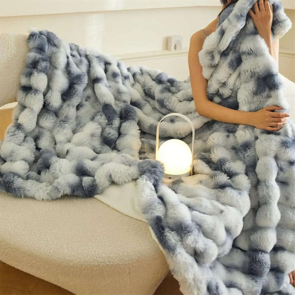 Super king Faux Rabbit Fur Ultra-Soft Blanket 220x230. Blue