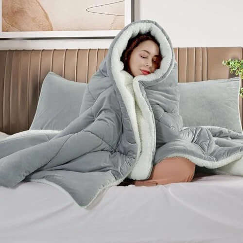 5pc Sherpa Velvet Fleece Comforter Set Grey Queen