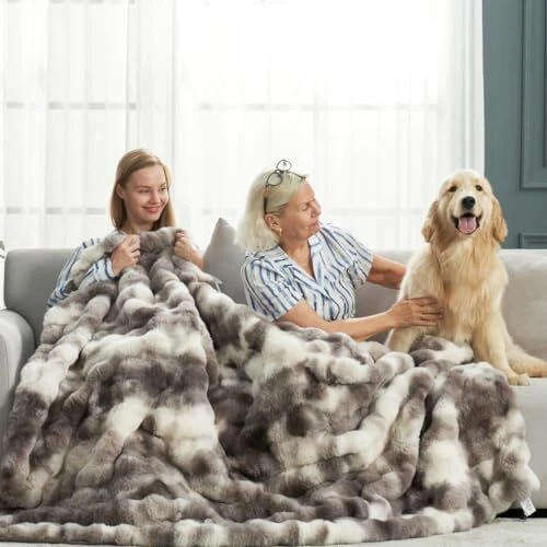 Super King Faux Rabbit Fur Ultra-Soft Tie-Dye Throw Blanket Grey