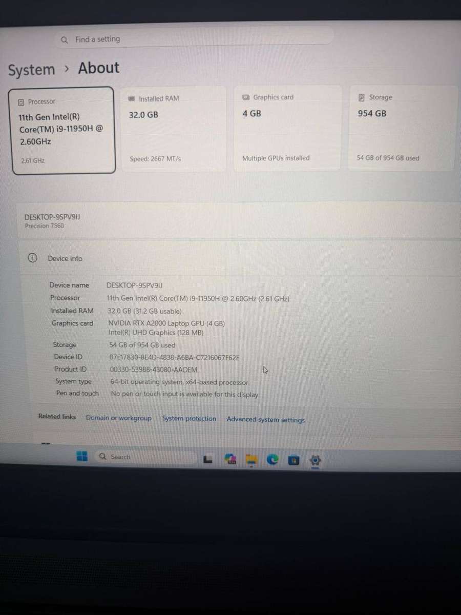 Dell Precision 7560 i9-11 Gen 32GB RAM 1TB SSD Nvidia RTX A2000 4GB Dedicated GPU