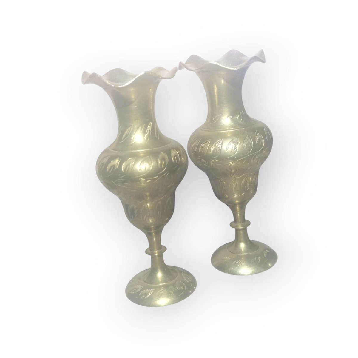 Vintage Indian Handmade Set of 2 Etched Brass Ruffled Vases, 12cm Tall